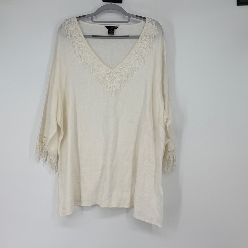 ANNE CARSON 2X Cream Linen‎ Lace Trim 3/4 Sleeve V-Neck Top Tunic Resort
